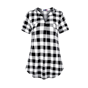 Camicia Estiva Casual a Quadri con Scollo a V e <span class=keywords><strong>Maniche</strong></span> <span class=keywords><strong>Corte</strong></span> per Donna con Tasche sul Petto - Product Image 4