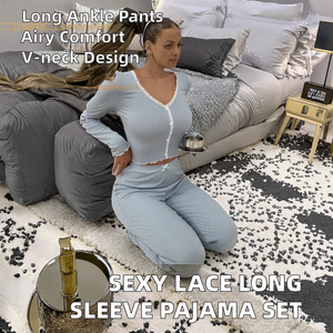Wholesale Women's Casual Sleepwear Pajamas Sets Sexy <b>Lace</b> Long Sleeve with <b>Elastic</b> Waist Closure Breathable for All Seasons - Product Image 2