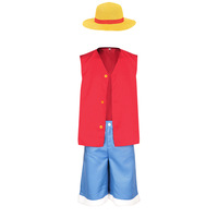 Disfraz de Luffy Estilo Pirata de Anime Japonés, Conjunto Completo con Sombrero de Paja, Chaleco Rojo sin Mangas y Pantalones Cortos Azules para Fiestas y Juegos de Rol