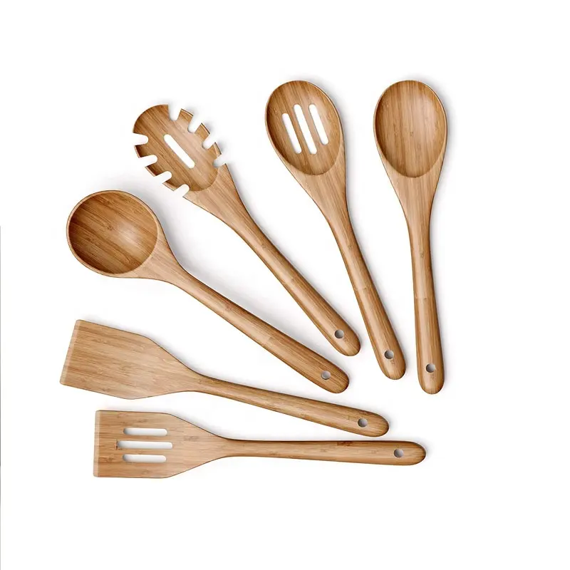 Easy to Clean Reusable Wooden Kitchen Utensils Set 6 Piece Non-Stick Utensils for Cooking