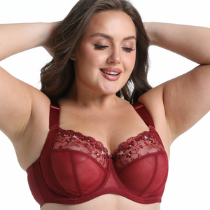 BH Mesh Transparan Bordir Dua Warna Burgundy Ukuran Plus dengan Tali yang Dapat Disesuaikan dan Cakupan Penuh untuk Wanita - Product Image 3