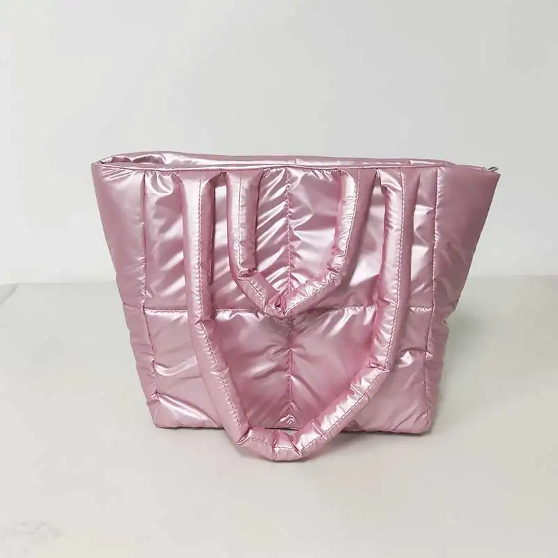 Grand sac à main d'hiver pour femmes, fourre-tout imperméable décontracté avec duvet de nylon rembourré, style personnalisé de luxe en coton et deux poignées