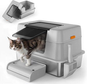 Venta al por mayor de fábrica: Arenero de acero inoxidable para gatos, diseño minimalista, entrada lateral, semicerrado, con protector contra orina, fácil de limpiar, bandeja portátil. - Product Image 1