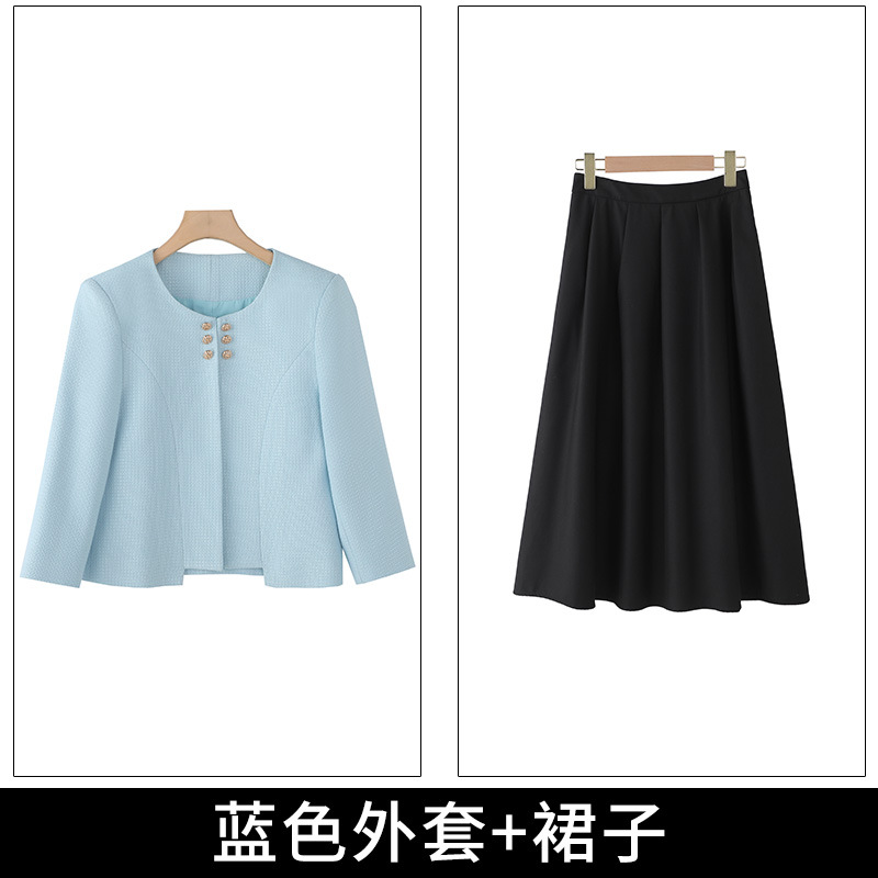 Blue suit and black skirt