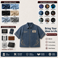 Chemise zippée vintage en jean bleu délavé, coupe ample, avec patch brodé, pour homme, style streetwear