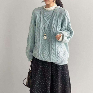Pull d'hiver pour femmes, couleur unie, tricot torsadé, col rond, coupe ample, anti-rides - Product Image 2