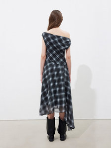 Abito Asimmetrico a Quadri in Chiffon con Volant, Monospalla, Collo Drappeggiato e Coda Lunga - Fornitore <span class=keywords><strong>di</strong></span> Abbigliamento - Product Image 2
