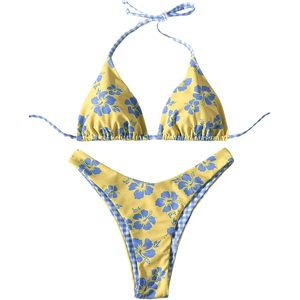 Ensemble de bikini réversible pour femmes, imprimé floral, haut de bikini triangle à bretelles, string à coupe haute, maillot de bain en spandex et polyester, 2 pièces - Product Image 5