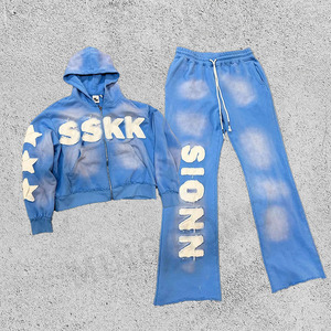 Custom Acid Wash Vintage Zip Hoodie Set Oversized Sticker Bordado Sudadera con capucha y pantalones de chándal acampanados Chándal - Product Image 4