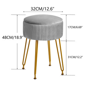 Petit pouf de rangement, repose-pieds, tabouret de maquillage en <span class=keywords><strong>velours</strong></span> <span class=keywords><strong>gris</strong></span> pour salle de maquillage, tabouret de maquillage pas cher avec pieds dorés - Product Image 2