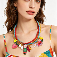 Zomerse Zoete Wind Vouw Aardbei Cactus Bloem Zinklegering Hangertje Ketting Meerlaags Touw Type Fruit Bloem Cadeau Dames