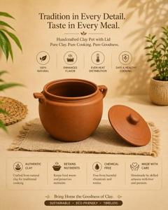 Traditional <b>Indian</b> Terracotta Clay <b>Cooking</b> <b>Pot</b> with Lid Handmade Earthenware Casserole for Slow Cooked Curry Rice Soup Stew - Product Image 1