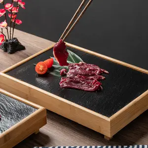 Black Dinner Tray Natural Slate Steak Board Bamboo Bottom Rock Stone Sushi Serving Platter