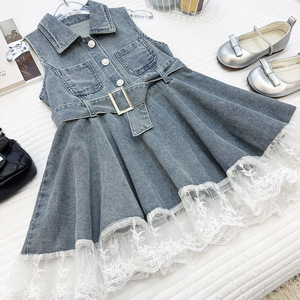 Robe d'été pour filles 2026 Nouvelle collection : <span class=keywords><strong>Jupe</strong></span> en jean avec dentelle et gilet à la taille pour petites filles – Vente en gros pour ensemble de vêtements tendance - Product Image 2