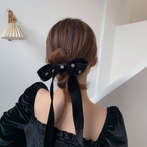 Solid Color Velvet Bow Hair Clip with Crystal Flower Design French Barrette Spring Clip for Women Party Use - Product Image 2