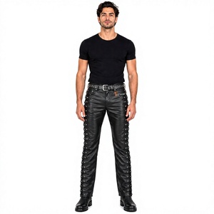 Pantalon moto en cuir PU noir pour homme, taille haute, à lacets, avec rivets latéraux, style motard, coupe droite, pour l'automne - Product Image 1