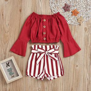 Ensemble 2 pièces pour bébés filles, hauts à volants, épaules dénudées, couleur unie + short rayé, vêtements pour nouveau-nés, 2021 - Product Image 3