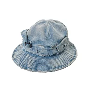 หมวกบัคเก็ตผ้ายีนส์ฟอกแบบมีสไตล์,หมวกทรงถังหมวกฟอกทรงสูงสไตล์วินเทจ