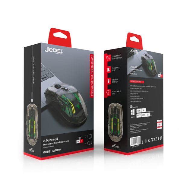 OEM Custom 7D BT+2.4ghz Wireless Rechargeable Transparent Rgb Lighting Mouse 800-1200-1600-2400-3600-4800 Dpi Gaming Mouse