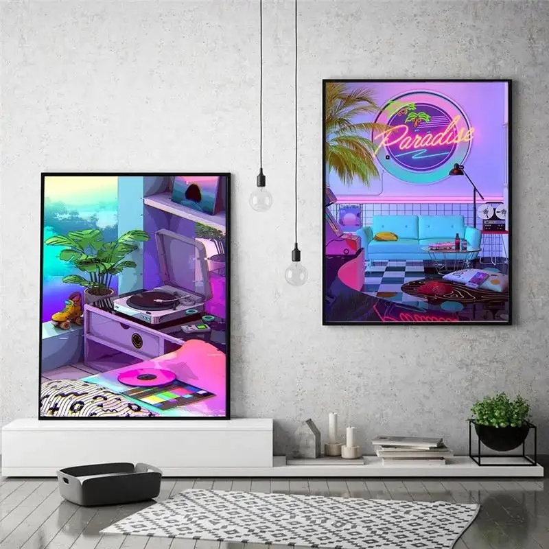 현대 회화 예술 네온 벽 예술 도박 포스터 Dj 포스터 인쇄 경주 칵테일 아케이드 벽 예술 비디오 게임 낙원 방 장식