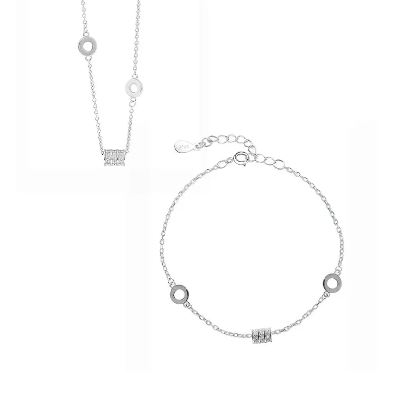 ANENJERY Ensemble de bijoux pour femmes, couleur argent, micro-pavé, zircon, cylindre, collier géométrique délicat, bracelet, parure de bijoux