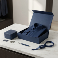 Caja de Embalaje de Papel Azul Marino Personalizada, Elegante Caja Rígida Plegable con Cierre de Cinta para Ropa, Camisas y Regalos