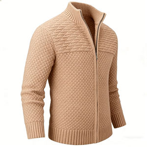 Suéter Masculino de Tricô Texturizado com Zíper Frontal e Gola Alta, Manga Longa, Casual e Quente, Cor Bege, para Outono - Product Image 2
