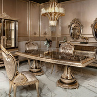 Table à manger carrée en bois massif de style baroque avec chaises sculptées à la main, design classique européen pour hôtel et restaurant, 8 places