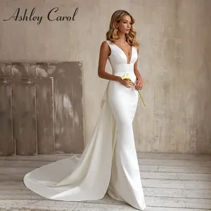 Ashley Carol sirena vestidos De novia para mujer Sexy satén desmontable tren cuello en V imperio <span class=keywords><strong>2</strong></span> en 1 Vestidos De Novia - Product Image 1