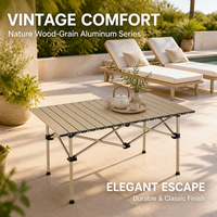 Table de pique-nique pliante robuste avec plateau en acier carbone beige sable, support double en X, logo personnalisé, imperméable
