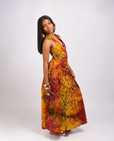 Robe longue sans manches à col halter imprimé africain pour femme A12336, taille empire, boutonnée sur le devant, avec poches, style sundress