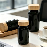Flacon à capsules en verre noir de qualité supérieure avec couvercle en bambou naturel, pot en verre foncé pour compléments de santé, support d'étiquette personnalisée