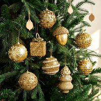 Ornamen Gantung Pohon Natal Warna Emas Champagne, Bola Glitter, Kotak Hadiah, Liontin Berbentuk Acorn dan Pohon Pinus untuk Pesta Liburan Musim Dingin