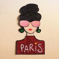 Patch à paillettes pour femme, style mode parisienne, motif chignon et lunettes de soleil roses, pour veste et sac à dos de fille, streetwear chic à la française
