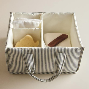 Organizador de Pañales Portátil para Bebé, Cesta de Almacenamiento para Guardería con Diseño a Rayas, Mezcla de Algodón Orgánico, con Asas y Múltiples Compartimentos - Product Image 1