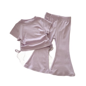 Tenue deux pièces pour enfants filles, couleur unie, avec cordon de serrage, manches courtes, pantalon évasé, pour le printemps et l'automne - Product Image 5