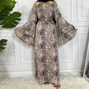 6528# High Quality Satin Printing Abaya Dress Two Layer Sleeves Muslim Women <b>Kaftan</b> Islamic Silk <b>Maxi</b> Dresses - Product Image 4