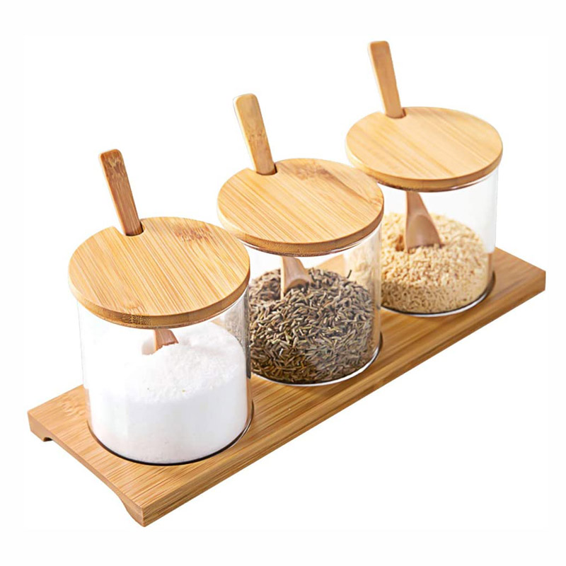 Лидер продаж, коробка для приправ, 3 набора, стеклянная банка для приправ с бамбуковой крышкой и основанием для ложки, для соли, сахара, специй, перца