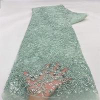 Tissu en dentelle brodée de perles africaines noires et de sequins, couleur foncée, pour robe femme, 100% polyester tricoté