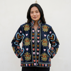 Breathable 100% Velvet Suzani Embroidered Floral Printed Jacket <b>Covered</b> <b>Button</b> Closure Full Sleeve for Women's Spring Autumn - Product Image 1