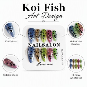 Uñas Postizas con Diseño de Peces Koi, Degradado Multicolor, Estilo Stiletto, Cobertura Completa, Juego de 10 Piezas - Product Image 2