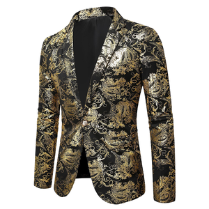 <span class=keywords><strong>Blazer</strong></span> ajusté pour <span class=keywords><strong>homme</strong></span> avec impression dorée, un <span class=keywords><strong>bouton</strong></span>, costume de mariage, <span class=keywords><strong>veste</strong></span> vintage brillante pour les spectacles - Product Image 1