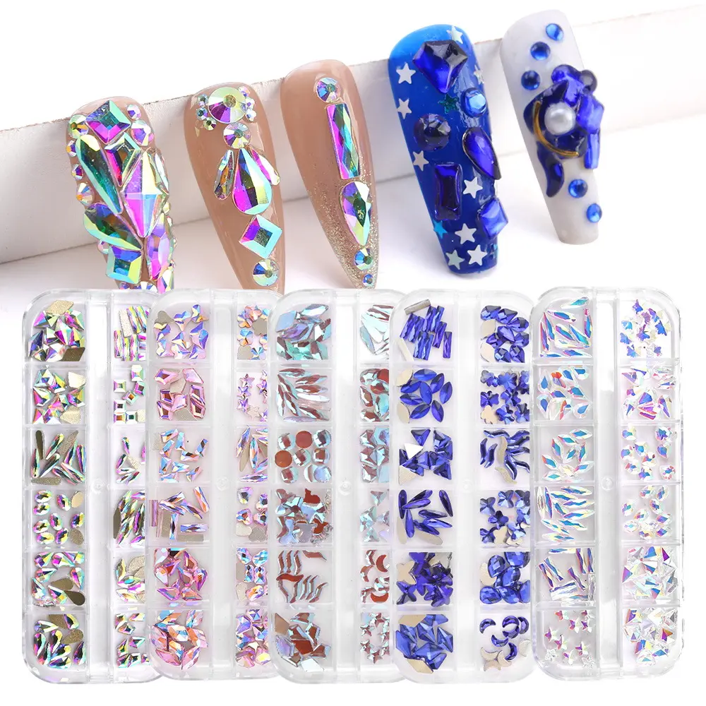 JC Crystal wholesale new design flat back rhinestone set 12 grids nail sticker diamond press on nail art kit