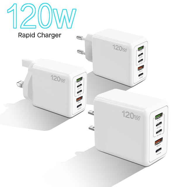 120W Fast Charger Multi-Port 5 USB C PD Charger with Quick Charge 3.0 Digital Display UK Socket Standard for Phone Earphone