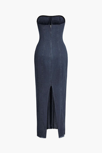 <span class=keywords><strong>Robe</strong></span> <span class=keywords><strong>en</strong></span> <span class=keywords><strong>jean</strong></span> mi-longue sexy pour femme, design épaules dénudées, sans col, de haute qualité, sur mesure - Product Image 2