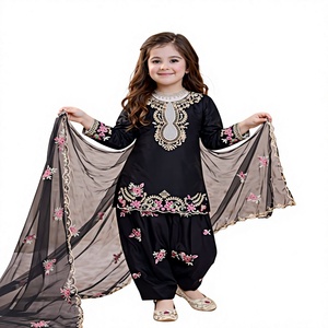 Girls Black Embroidered Salwar Kameez Set With <b>Net</b> <b>Dupatta</b> Traditional Indian Pakistani Party Wear Ankle Length Loose Fit - Product Image 1