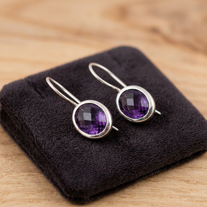 RArt Palace 925 <b>Silver</b> Amethyst Drop <b>Earrings</b> Bezel <b>Set</b> Classic Women's Jewelry Everyday Wear - Product Image 1