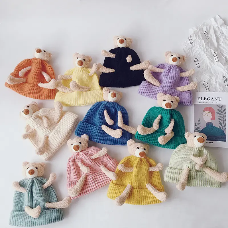 Baby Bär Hut Mütze mit Bären puppen Gestrickt Kleinkind Jungen Mädchen Teddybär Mützen