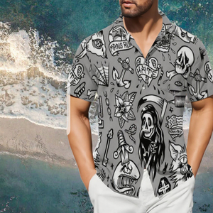 Chemise Hawaïenne Gothique Homme à Imprimé Crâne, Manches Courtes, Décontractée, Été, Respirante, 100% Polyester Popeline, Col Rabattu - Product Image 3