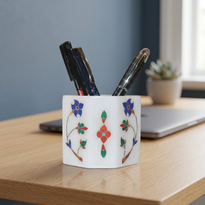 Handcrafted <b>White</b> Marble Inlay <b>Pen</b> Holder Pietra Dura Desk Organizer for Office & Home - Product Image 2